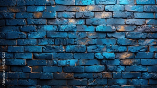  a close up of a brick wall with a blue pattered paint pattern on it and a black cat sitting on the ground in front of the brick wall and looking at the camera.