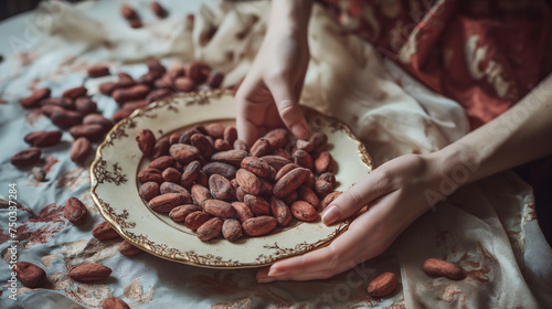 Woman processing cacao beans on a table photo