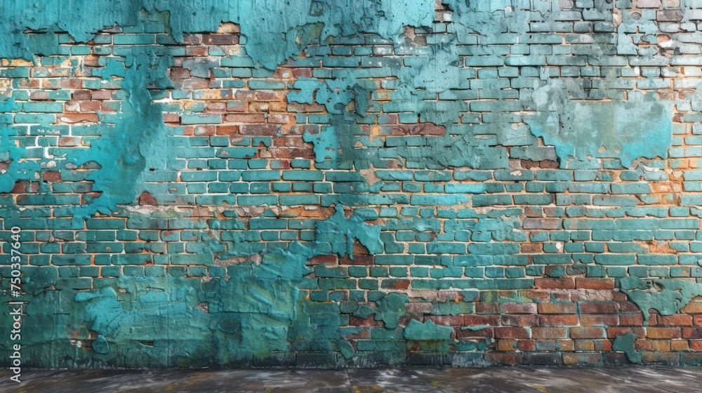  an old brick wall with peeling paint and a red fire hydrant in the foreground and a blue brick wall with peeling paint and a red fire hydrant in the background.