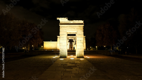 View of the Temple of Debod, an ancient Nubian temple that was dismantled and rebuilt in the center of Madrid, Spain, in Parque de la Montaña