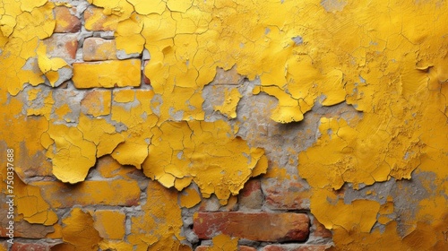  a brick wall with yellow paint that has been chipped off and has been chipped off to make it look like it has been vandalized with yellow paint.