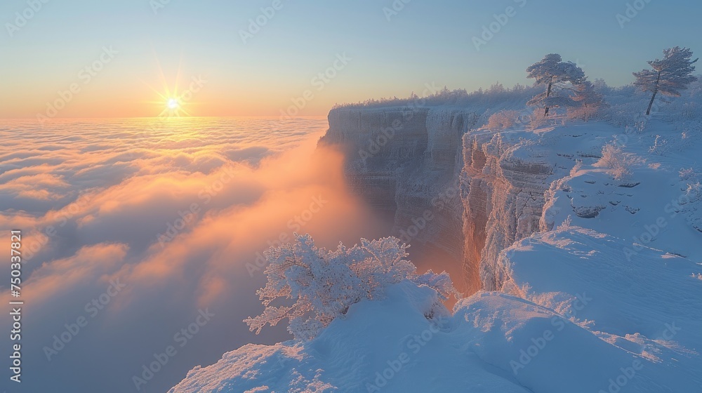  the sun shines through the clouds above the cliffs of a cliff in the middle of a sea of fog and snow on a sunny day at the edge of a cliff.