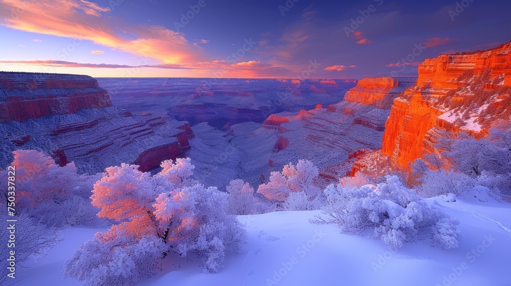  a view of the grand canyon at sunset from the rim of the grand canyon, with snow on the ground and trees in the foreground, in the foreground.