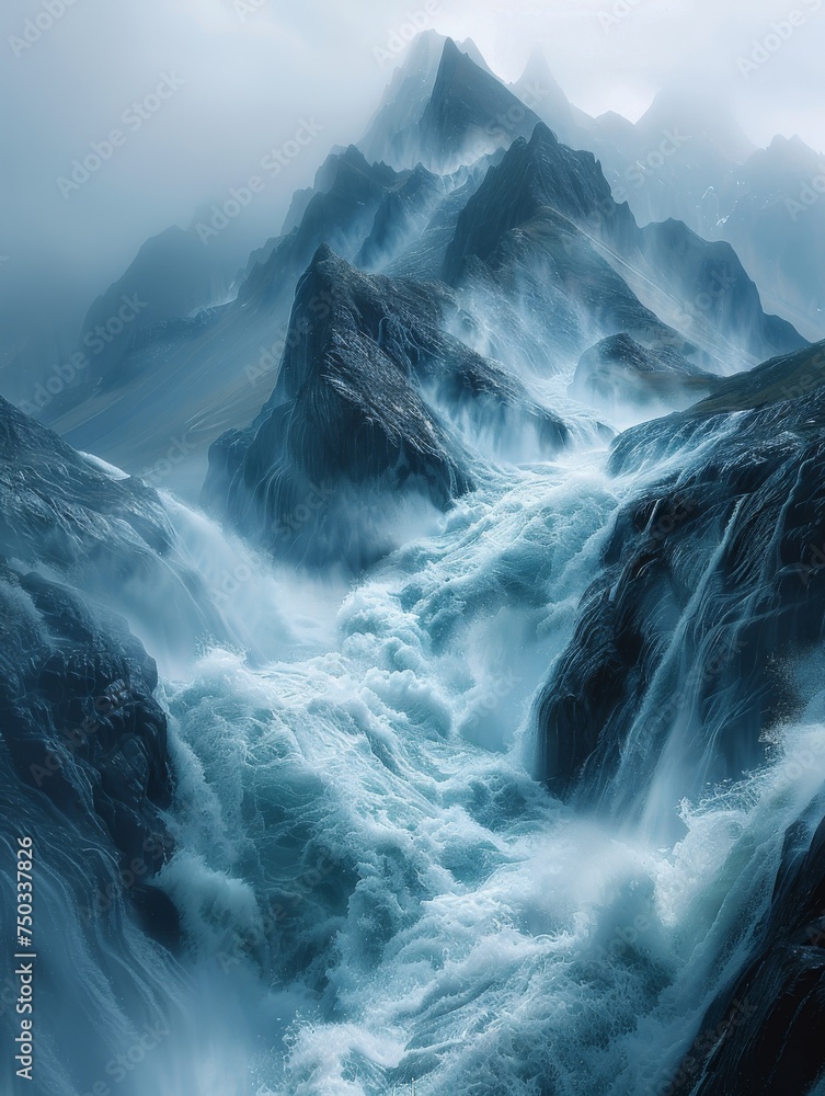 A mountain range with a waterfall in the foreground A mountain range with a waterfall in the foreground