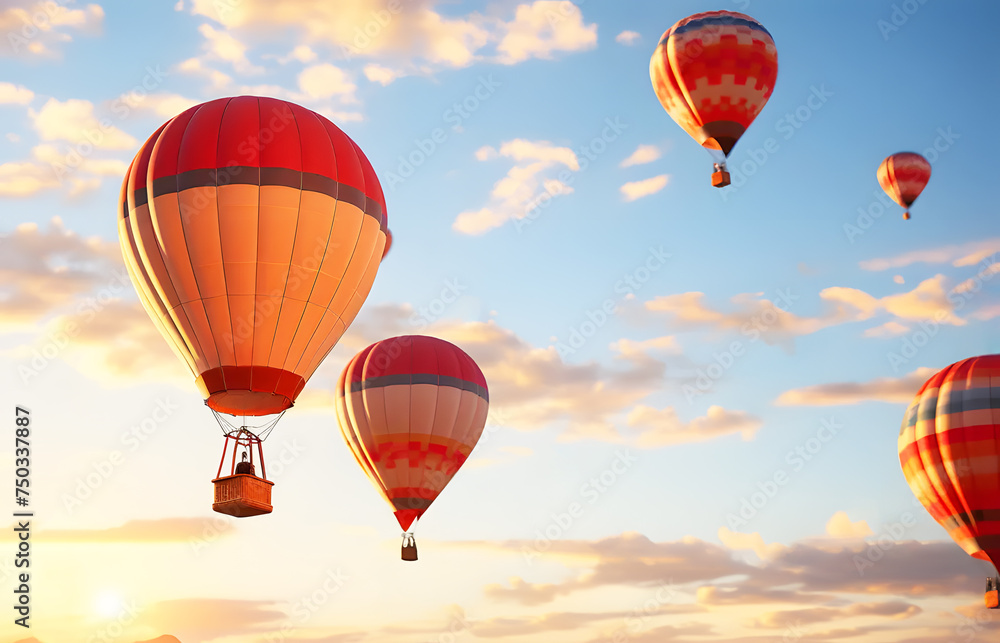 Fototapeta premium Colorful hot air balloons flying over mountain on sky pale yellow evening sunlight with cloud bottoms in background. Tourist season that people want to travel. Realistic clipart template pattern.