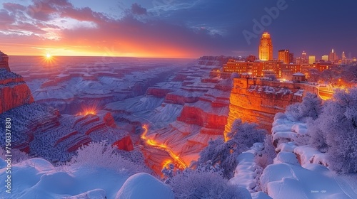  a scenic view of a city lit up in the distance with snow on the ground and trees in the foreground and a mountain in the foreground with a sunset in the background.