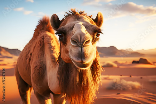 Front of Brown head of camels in desert  wildlife. Camelidae are highly tolerant animals. It can live in remote places such as deserts very well. Eat leafy foods in desert. 