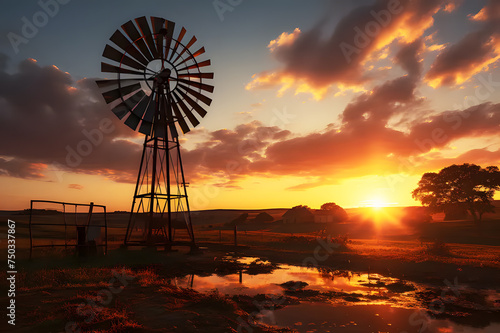 Landscape sunset on a farm with windmills on a farm. orange evening sunset on background. Panoramic view of wind farm or wind park. Realistic clipart template pattern.