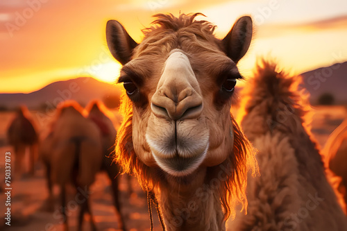 Brown head of camels in desert, wildlife. Camelidae are highly tolerant animals. It can live in remote places such as deserts very well. Eat leafy foods in desert. Realistic clipart template pattern. photo