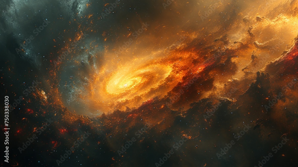  an image of a space filled with stars and a spiral like object in the center of the image is orange, yellow, and red, and blue, and black.