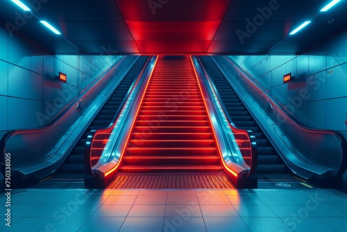 A red staircase in a subway station with a red light on the top of the stairs