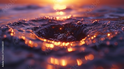 a close up view of water with the sun in the background and a blurry image of the water with the sun in the middle of the water and on the top of the water.
