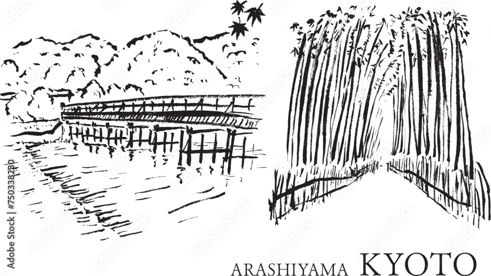 Naklejka premium 京都嵐山の景色筆絵