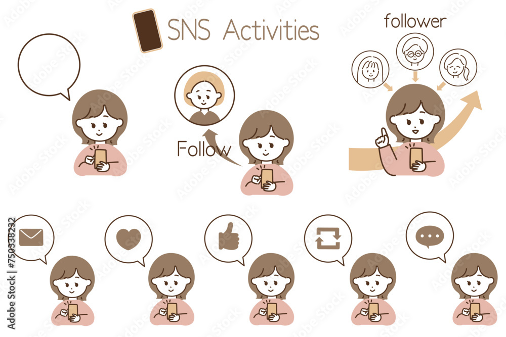 SNS運用の図解制作に便利!SNSを楽しむ女性と吹き出しアイコンのセット SNS運用の図解制作に便利!SNSを楽しむ女性と吹き出しアイコンのセット