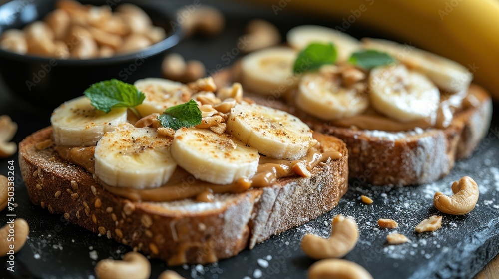 a close up of two pieces of bread with peanut butter and banana slices on a black plate with a banana and walnuts on the side of the other side. a close up of two pieces of bread with peanut butter and banana slices on a black plate with a banana and walnuts on the side of the other side.
