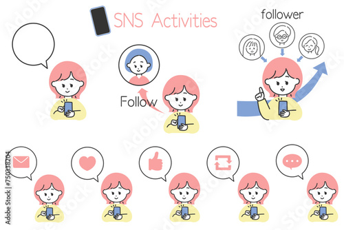 SNS運用の図解制作に便利！SNSを楽しむ女性と吹き出しアイコンのセット