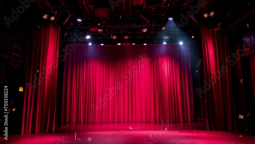 Bright and luxurious red curtains
on stage with spotlights for luxury shows, theatre, exhibition events