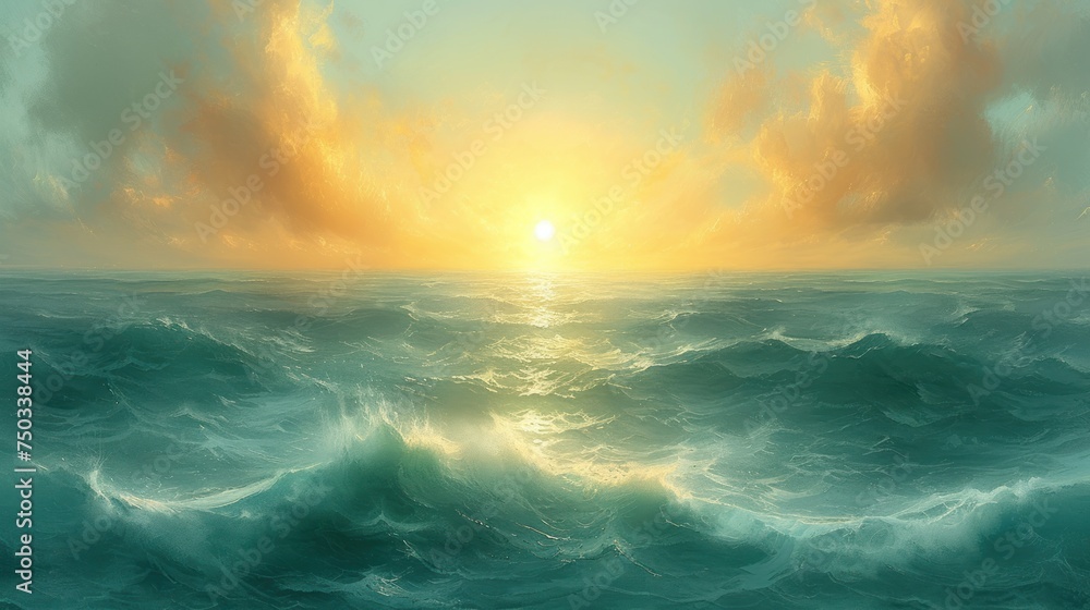a painting of a large body of water with a bright sun in the middle of the sky above the water is a large body of water with waves in the foreground. a painting of a large body of water with a bright sun in the middle of the sky above the water is a large body of water with waves in the foreground.