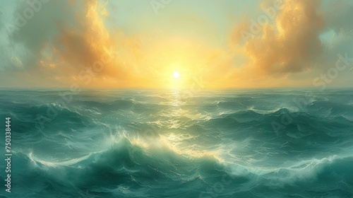  a painting of a large body of water with a bright sun in the middle of the sky above the water is a large body of water with waves in the foreground.