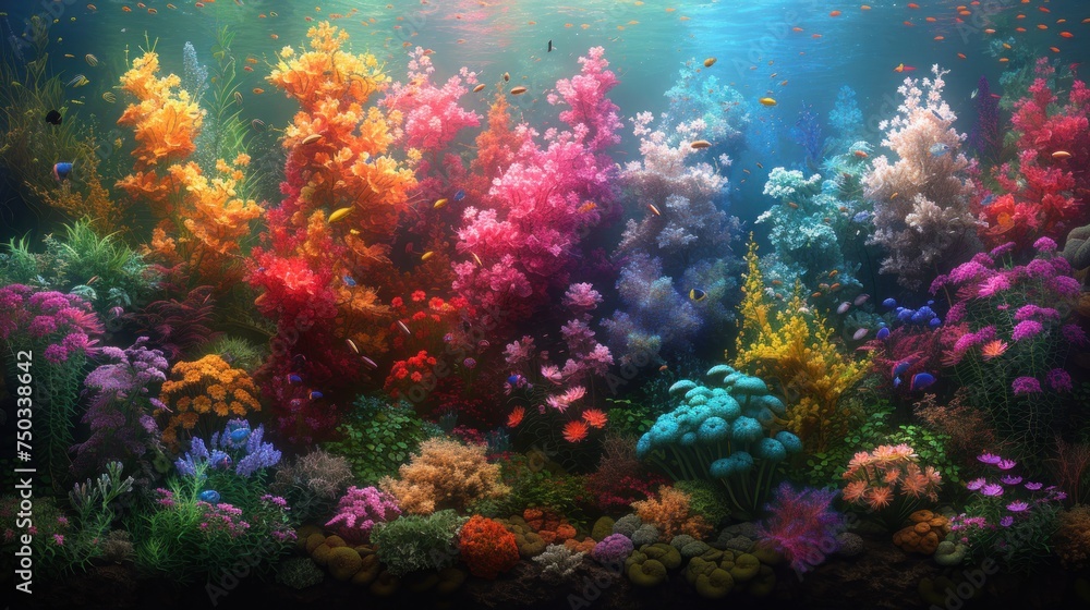  a painting of a colorful underwater scene with corals and other marine life on the bottom and bottom of the picture is an underwater scene with fish and corals.