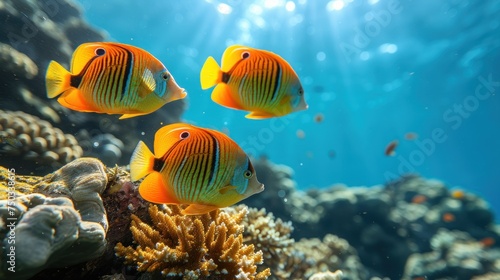  a group of orange and yellow fish swimming over a coral covered with seaweed and corals on a blue ocean surface with sunlight streaming through the water's surface. © Nadia