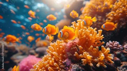  a group of clown fish swimming over a coral covered in sea anemones in a sea anemone aquarium with sunlight shining on the corals in the background. © Nadia