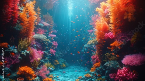  an underwater scene of a coral reef with lots of colorful corals and algaes on the bottom and bottom of the water  with sunlight streaming through the water.