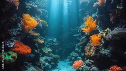  an underwater view of a coral reef with lots of corals and sea anemones on the bottom and bottom of the reef  with sunlight streaming through the water.