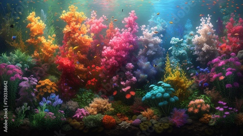  a painting of a colorful underwater scene with corals and other marine life on the bottom and bottom of the picture is an underwater scene with fish and corals. © Nadia