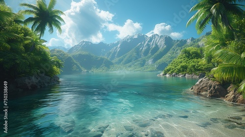  a painting of a tropical island with palm trees and a clear blue body of water with a mountain range in the distance and a blue sky with clouds in the foreground.