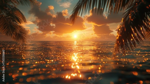  a sunset over a body of water with a palm tree in the foreground and the sun shining through the clouds in the sky overcast sky over the water.