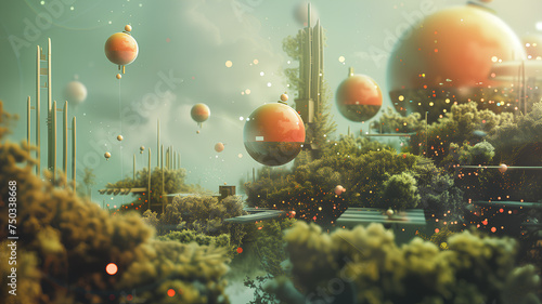 Surreal Floating Spheres in a Futuristic Garden . A serene, fantastical landscape with floating spherical orbs among lush greenery and futuristic architecture under a soft, glowing light. 
