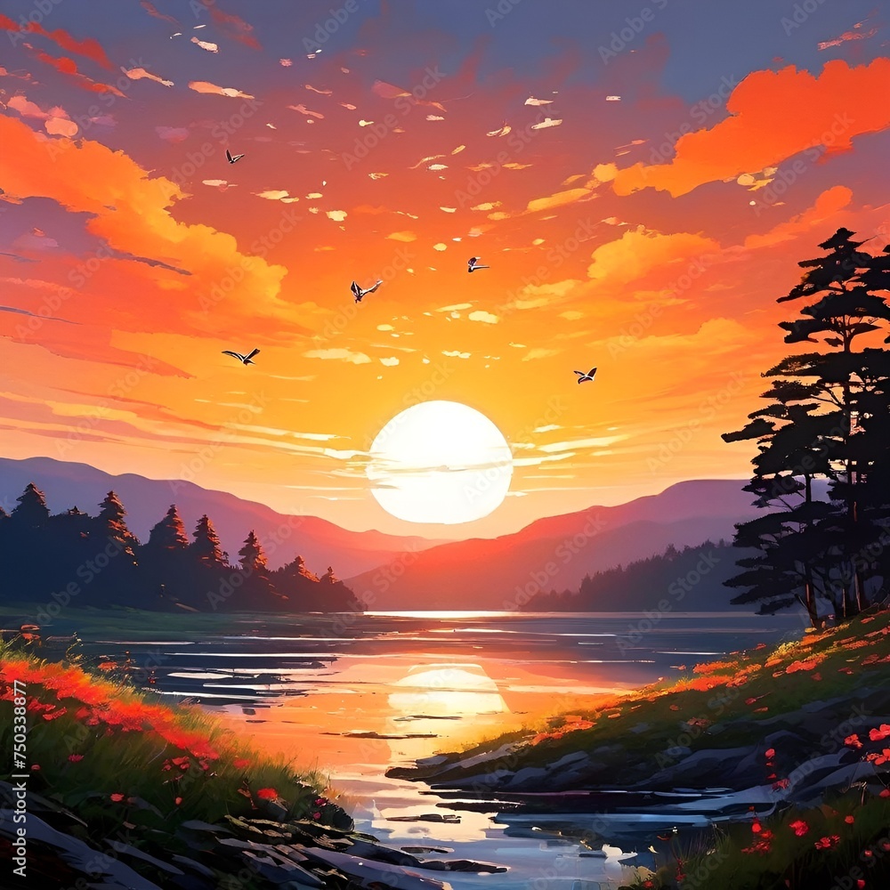 sunset over the sea mountain with sun rising vector illustration sea landscape design.