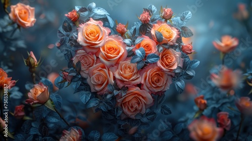  a heart - shaped arrangement of pink roses surrounded by blue leaves and flowers on a blue background with a blurry backgroud of the image of the heart. © Nadia
