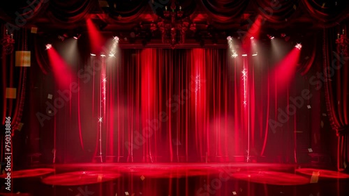 Bright and luxurious red curtains
on stage with spotlights for luxury shows, theatre, exhibition events