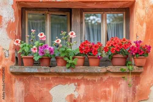 Pelargonium and geraniums in flower pots on the windowsill of a rural house outside against a terracotta-colored wall.