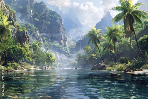 A beautiful tropical landscape with a river flowing through it photo