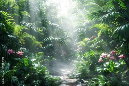 A lush jungle with a path through it