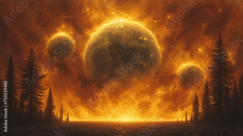  a painting of three planets in the sky with trees in the foreground and an orange sun in the middle of the sky, with trees in the foreground.