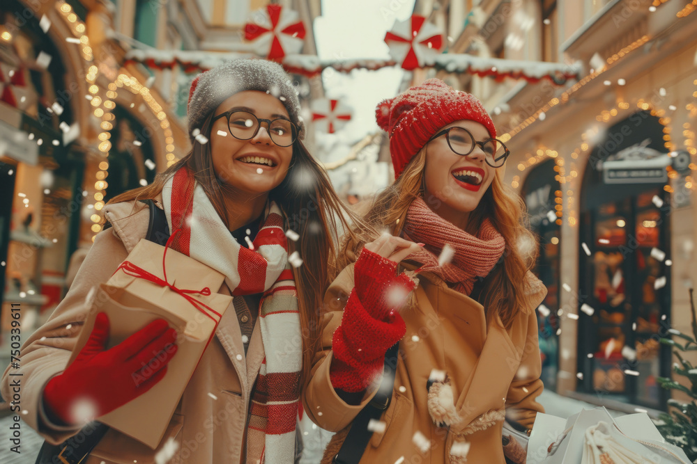 Happy two young woman enjoy in Christmas shopping