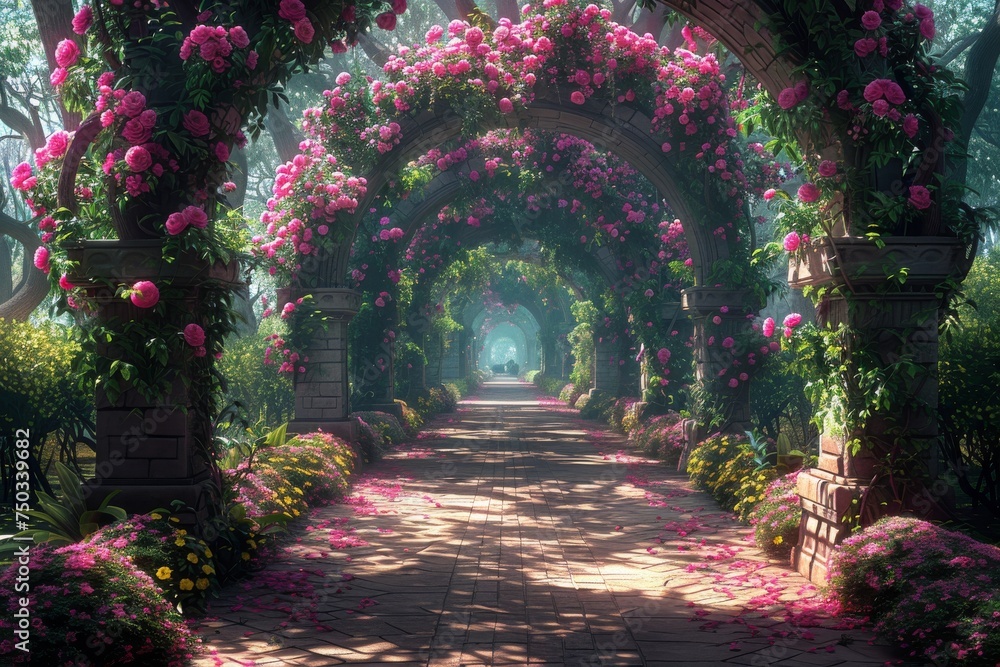 Obraz premium A long, narrow path is lined with pink flowers and green leaves