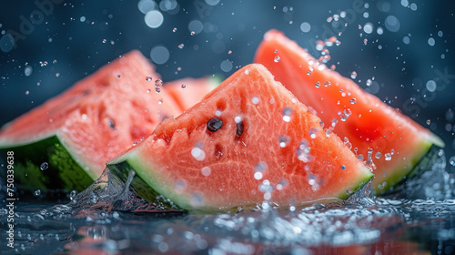  a group of watermelon slices sitting on top of a table with drops of water on the top of the slices and on the bottom of the slices of the watermelon.