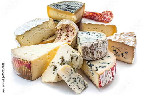 Assortment of various types of cheese presented on a white isolated background