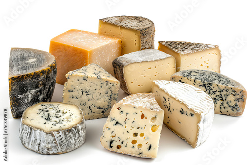 Assortment of various types of cheese presented on a white isolated background photo