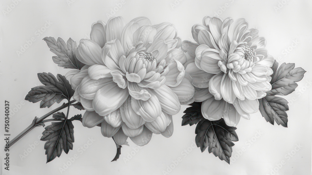 a black and white drawing of three flowers on a branch with leaves on a white background with a black and white image of two large flowers on the left side of the. a black and white drawing of three flowers on a branch with leaves on a white background with a black and white image of two large flowers on the left side of the.