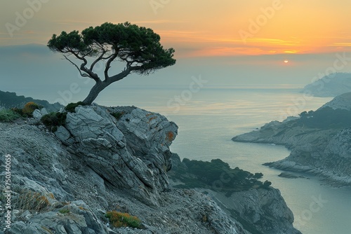 A lone tree stands on a rocky cliff overlooking a body of water