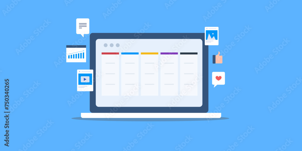 Online social media planner, content calendar post schedule and brand message management software app on laptop screen, vector illustration. Online social media planner, content calendar post schedule and brand message management software app on laptop screen, vector illustration.