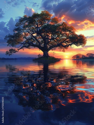 A tree is reflected in the water  with the sun setting in the background