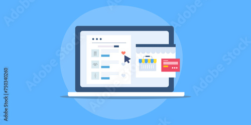 Ecommerce website on laptop screen, customer buy with secure online payment method, user clicks on wishlist button for future purchase, conceptual vector illustration. photo