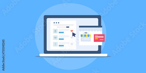 Ecommerce website on laptop screen, customer buy with secure online payment method, user clicks on wishlist button for future purchase, conceptual vector illustration.